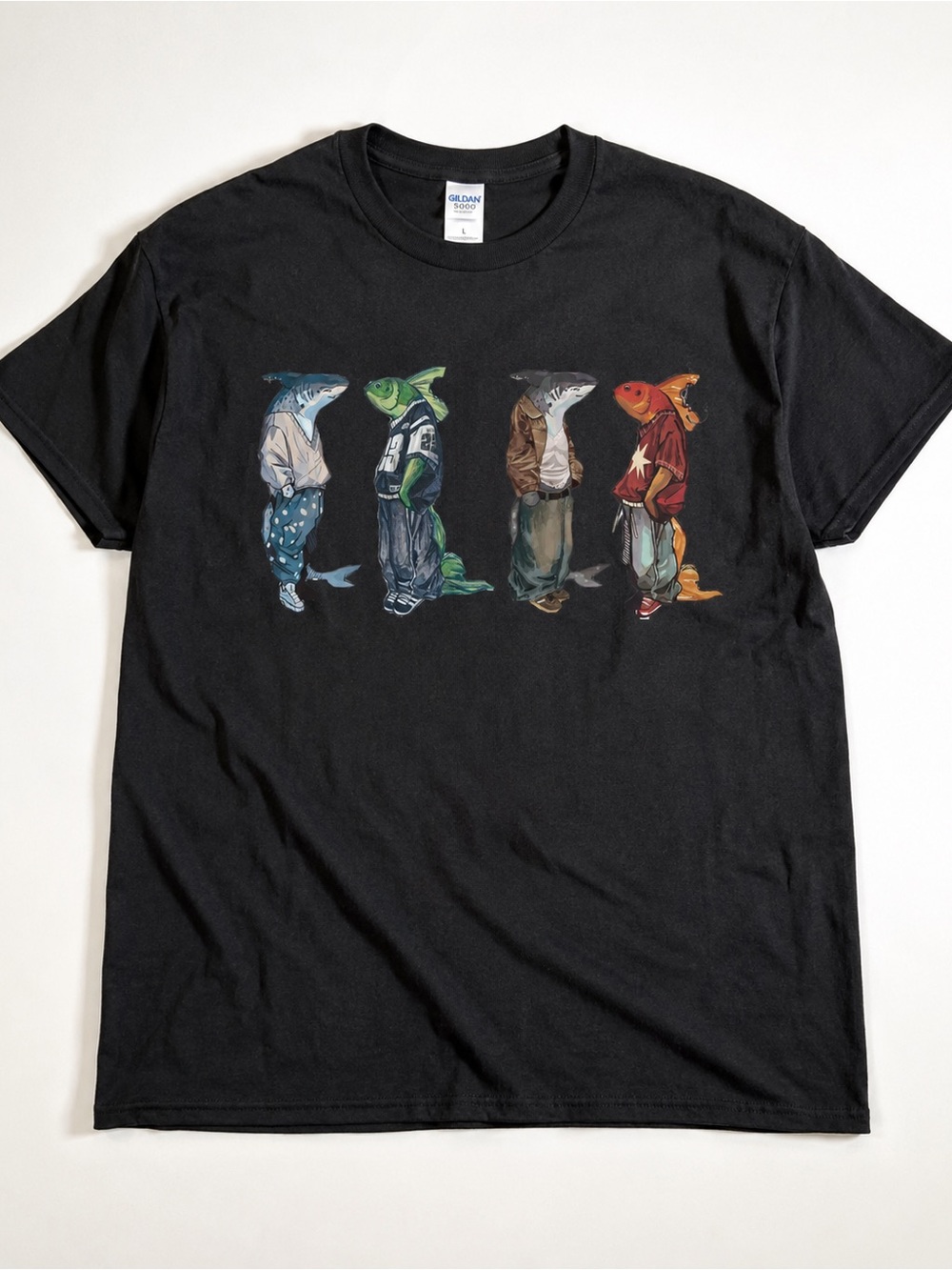 Gildan Black Short-Sleeve Tee with Colorful Fish Characters